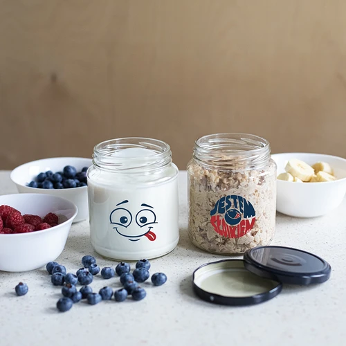 Буркан TO 580 мл фи 82 с цветен печат и черна винтова капачка, 3 бр. - 7