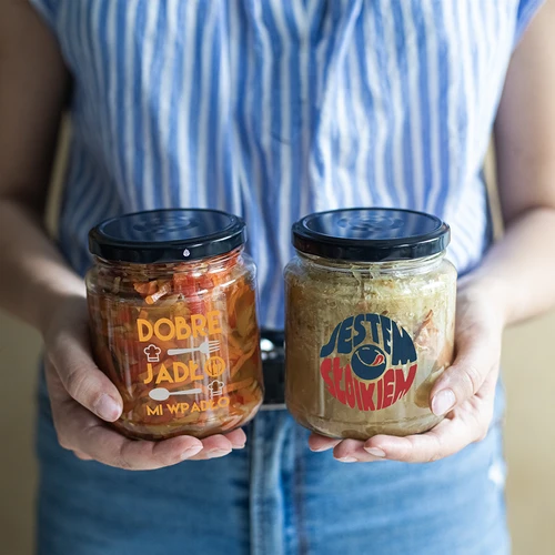 Буркан TO 580 мл фи 82 с цветен печат и черна винтова капачка, 3 бр. - 8