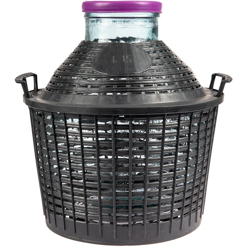 Дамаджана за вино 15 л с широко гърло в пластмасова кошница.