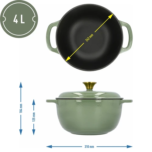 Емайлирана чугунена тенджера - цвят салвия, 4 L - 4