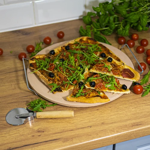 Камък за пица с дръжка и нож за пица, от кордиерит, кръгъл 33 см - 14