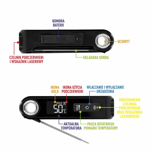 Кухненски инфрачервен термометър, компактен, със сгъваема сонда - 9