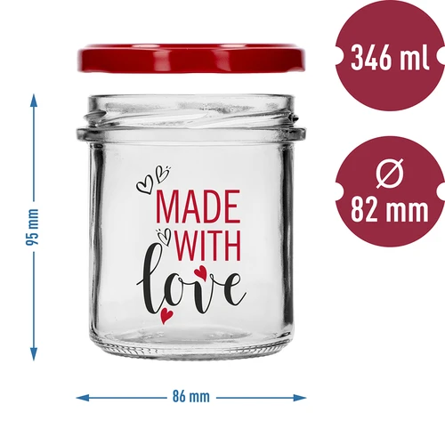 Прав буркан 346 мл фи 82 с цветен печат "Made With Love" и бордова капачка, 3 бр. - 6