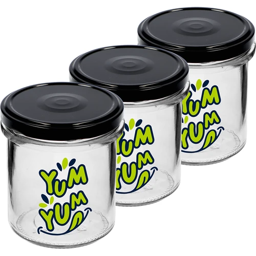 Прав буркан 346 ml fi 82 с цветен принт "Yum Yum" и черна винтова капачка, 3 бр. - 2