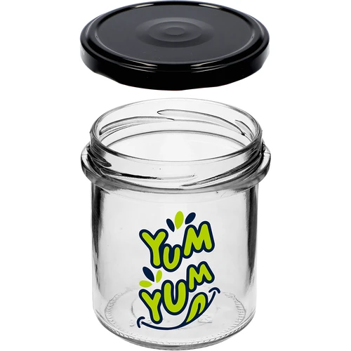 Прав буркан 346 ml fi 82 с цветен принт "Yum Yum" и черна винтова капачка, 3 бр. - 5