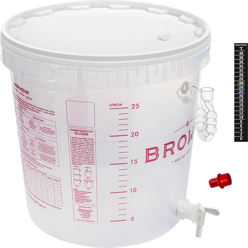 Съд за ферментация на бира с ферментационна тръбичка, кранче, термометър и редуктор на утайката