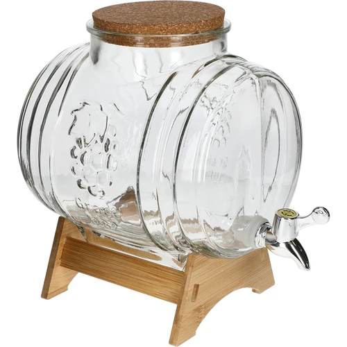 Стъклена бъчвичка 5 L, с широко гърло, коркова тапа, стойка и кранче
