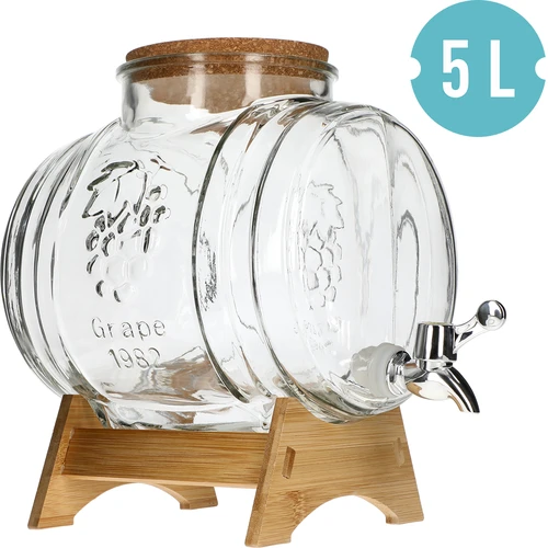 Стъклена бъчвичка 5 L, с широко гърло, коркова тапа, стойка и кранче - 2