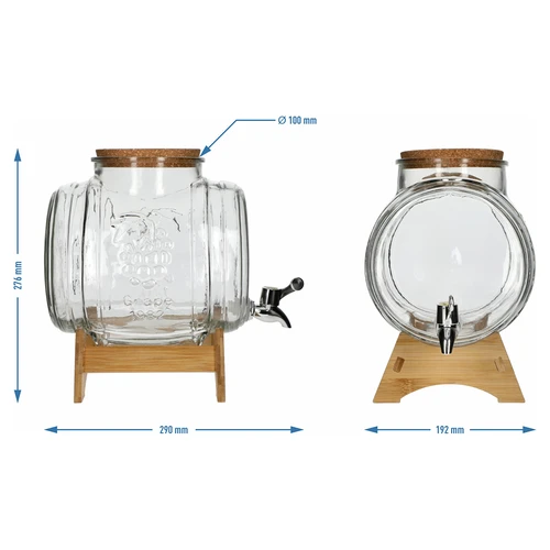 Стъклена бъчвичка 5 L, с широко гърло, коркова тапа, стойка и кранче - 7