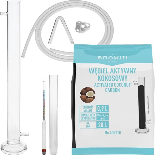 Стъклена филтрационна колона в комплект с алкохолометър, силиконов маркуч и кокосов активен въглен