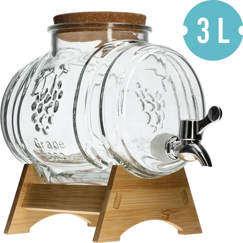Стъклено буренце 3 L с широко гърло, коркова тапа, поставка и кранче - 2