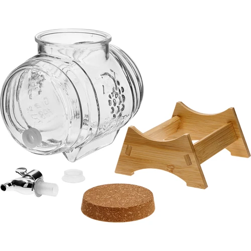 Стъклено буренце 3 L с широко гърло, коркова тапа, поставка и кранче - 3