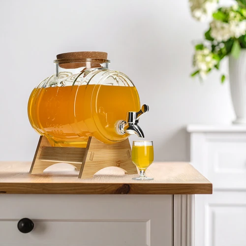 Стъклено буренце 3 L с широко гърло, коркова тапа, поставка и кранче - 7