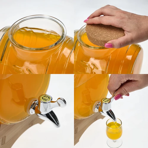 Стъклено буренце 3 L с широко гърло, коркова тапа, поставка и кранче - 5